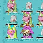 Barevné karikatury dinosaurů vyskakujících z děr na herní ploše s houbami okolo