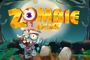 Kreslený zombie postavička před náhrobky s nápisem Zombie Gems na pozadí úplňku