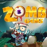 Kreslený zombie postavička před náhrobky s nápisem Zombie Gems na pozadí úplňku