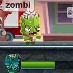 Kreslená postavička zombie s odkrytým mozkem kráčí po ulici, zatímco nad ním jsou výkřiky komiksových postav