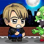 Jednoduchá kreslená postava s blonďatými vlasy čelí zombii na městské ulici v noci s viditelným měsícem na obloze