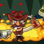 Kovboj se zbraní a lahví, obklopený explozemi, stojí před dvěma příšerami