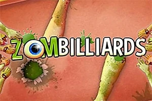 Nápis Zombilliards s grafickým motivem zelených příšerek a velkým okem na oranžovém pozadí