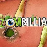 Nápis Zombilliards s grafickým motivem zelených příšerek a velkým okem na oranžovém pozadí