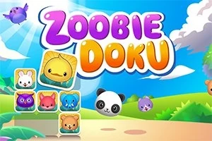 Barevný kreslený obrázek s nápisem Zoobie Doku uprostřed a obrázky roztomilých zvířátek v krajině s modrou oblohou a zelenými stromy