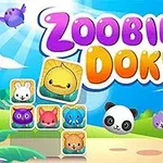 Barevný kreslený obrázek s nápisem Zoobie Doku uprostřed a obrázky roztomilých zvířátek v krajině s modrou oblohou a zelenými stromy